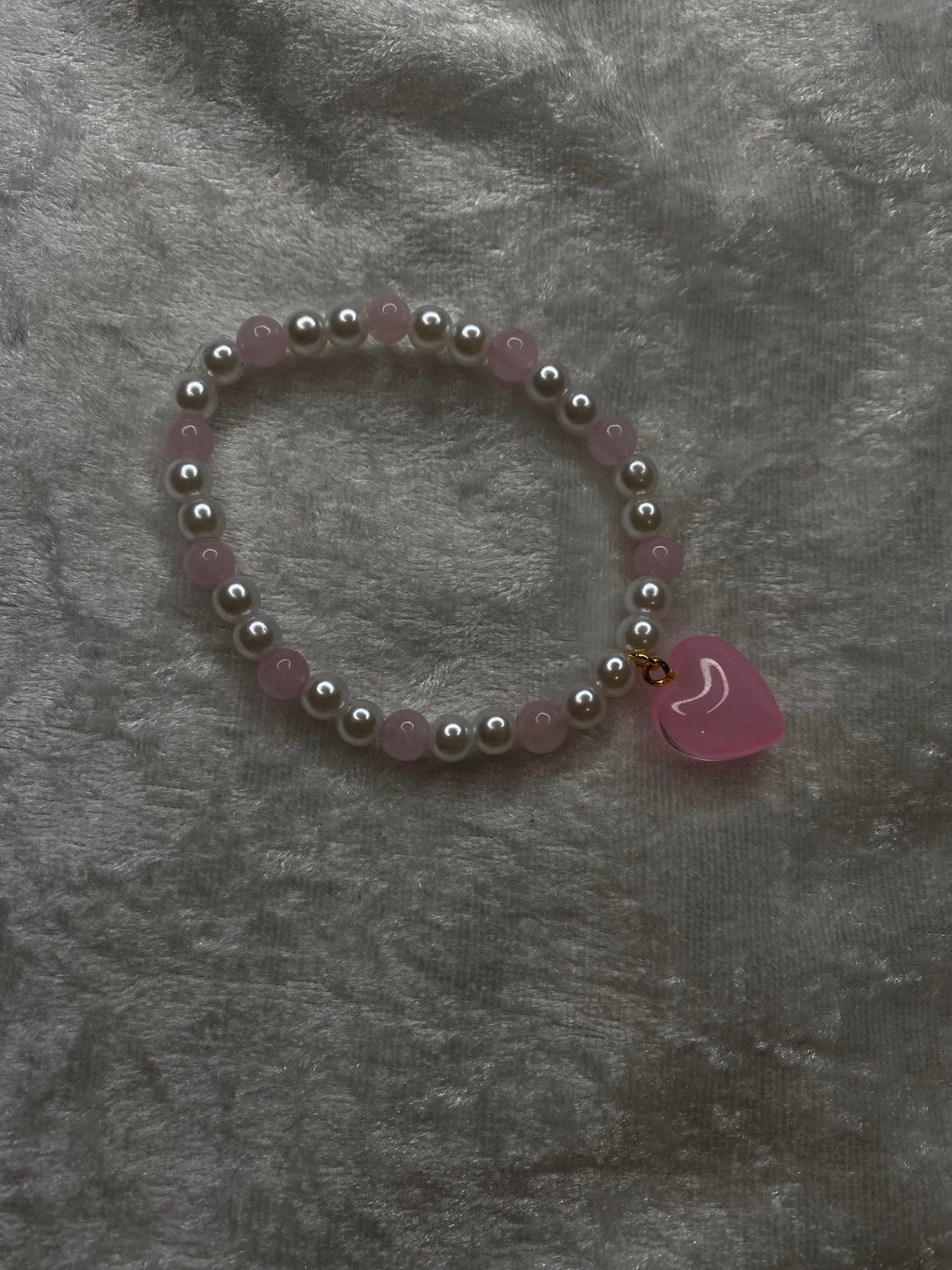 Rosette pearl and pink crystal bracelet with pearl heart charm