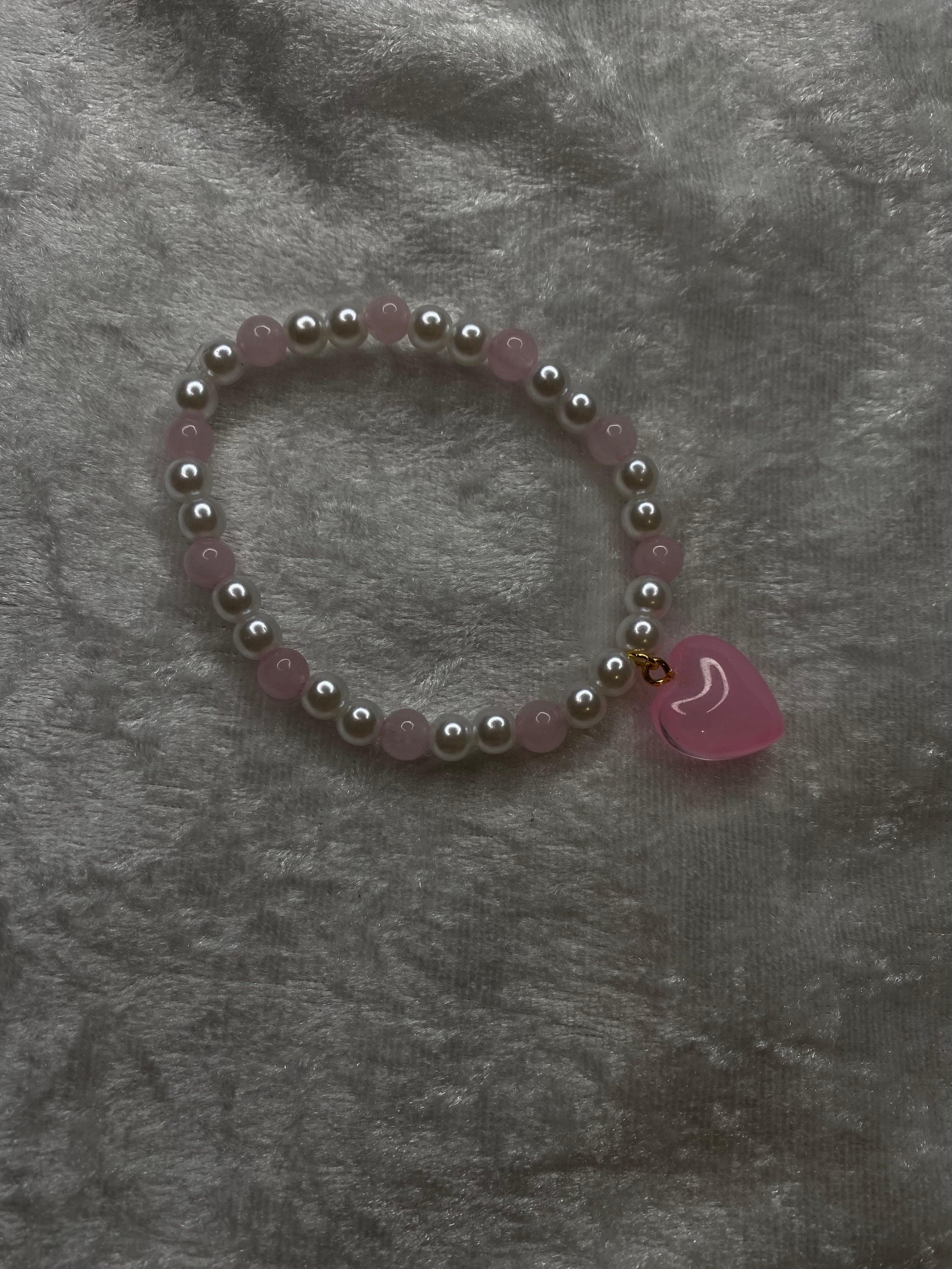 Rosette pearl and pink crystal bracelet with pearl heart charm